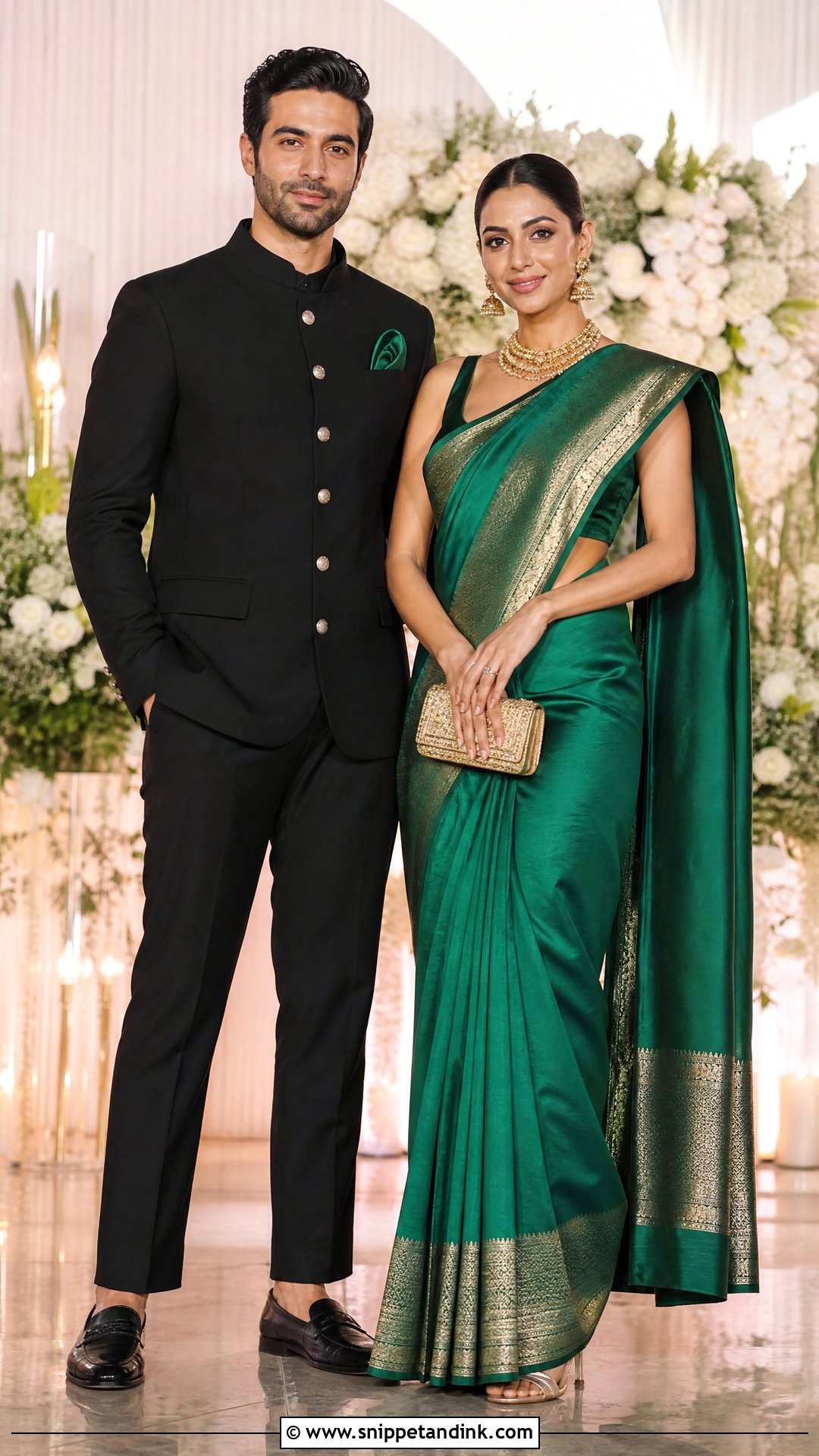 Jewel Tone Sari And Black Bandhgala Outfit - Snippet and Ink - 25 Wedding Outfits for Couples