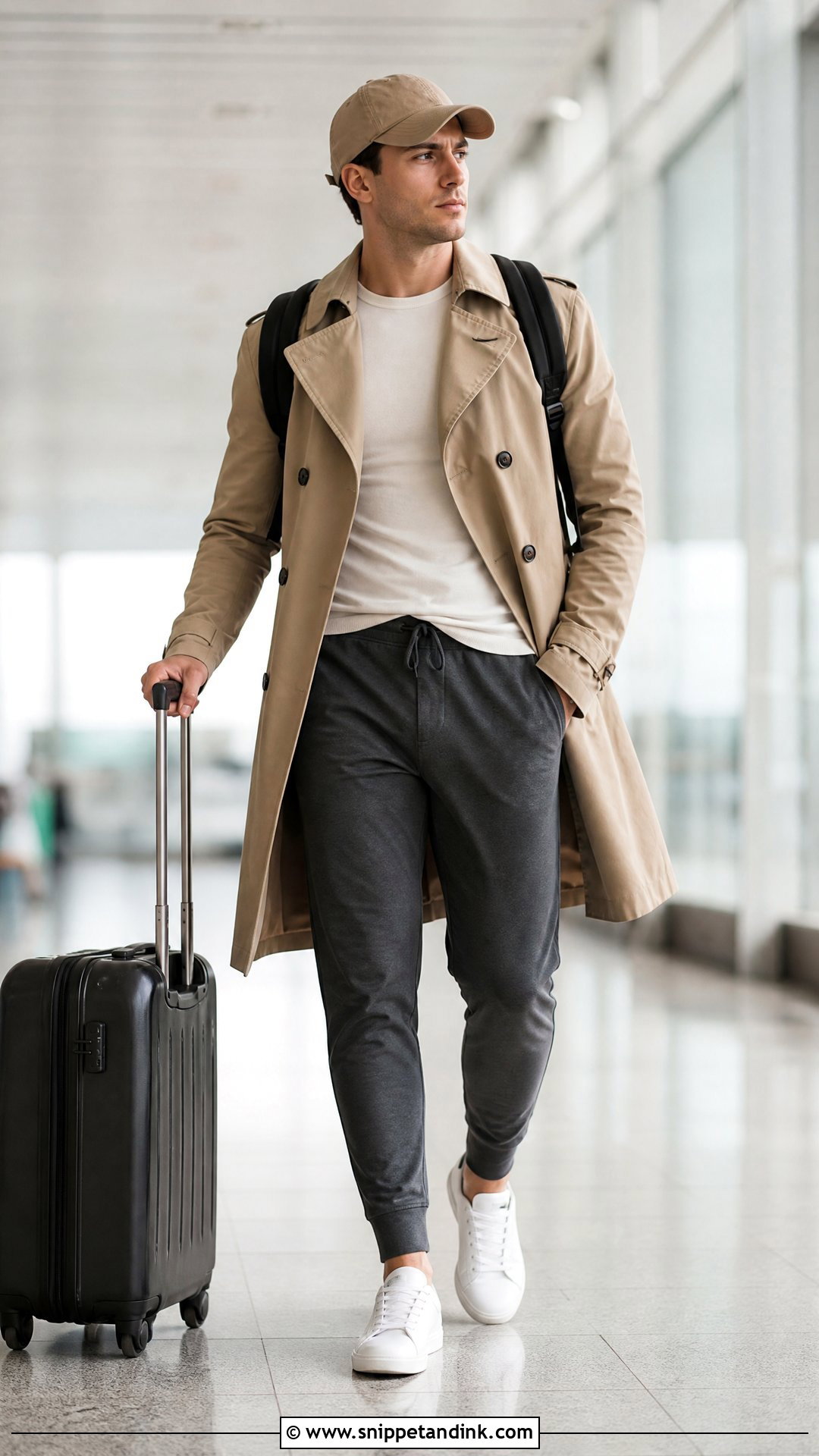 Joggers And Trench Coat Honeymoon Airport Outfit - Snippet and Ink - 20 Honeymoon Airport Outfit Ideas