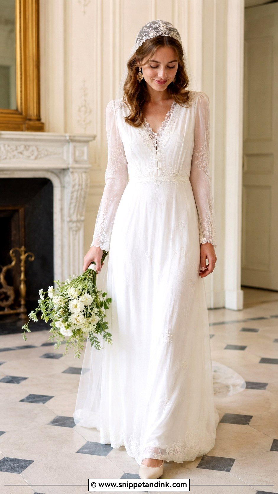 Juliet Cap Veil With Vintage Wedding Dress - Snippet and Ink - 20 Long Veils