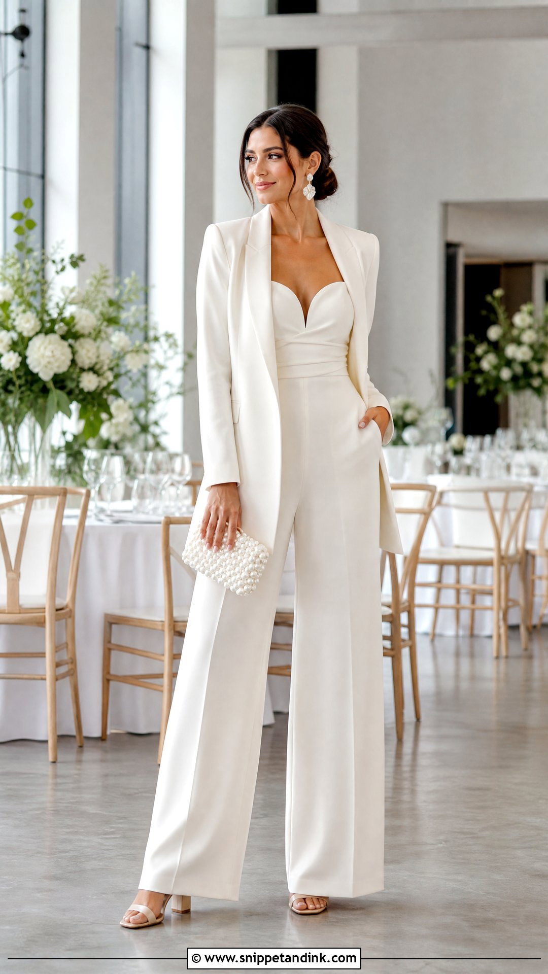 Jumpsuit And Blazer Wedding Look With Block Heels - Snippet and Ink - 20 Wedding Suites Ideas