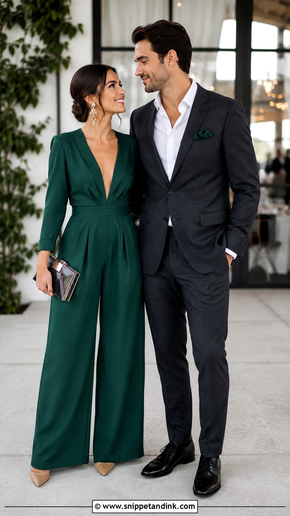 Jumpsuit And Modern Suit Couple Wedding Outfit - Snippet and Ink - 20 Couples Wedding Outfits