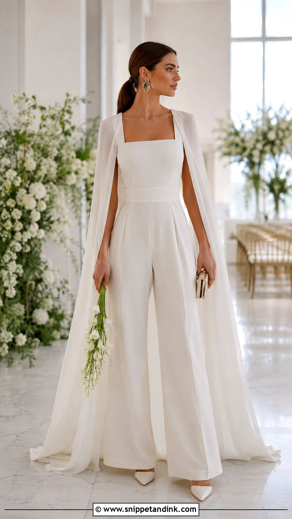 Jumpsuit Wedding Outfit With Detachable Cape - Snippet and Ink - 20 Detachable Cape Wedding Dress Ideas