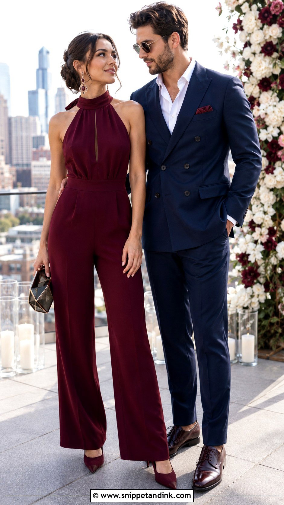 Jumpsuit and Double Breasted Suit Couple Wedding Outfit - Snippet and Ink - 20 Couple Dress for Wedding Ideas