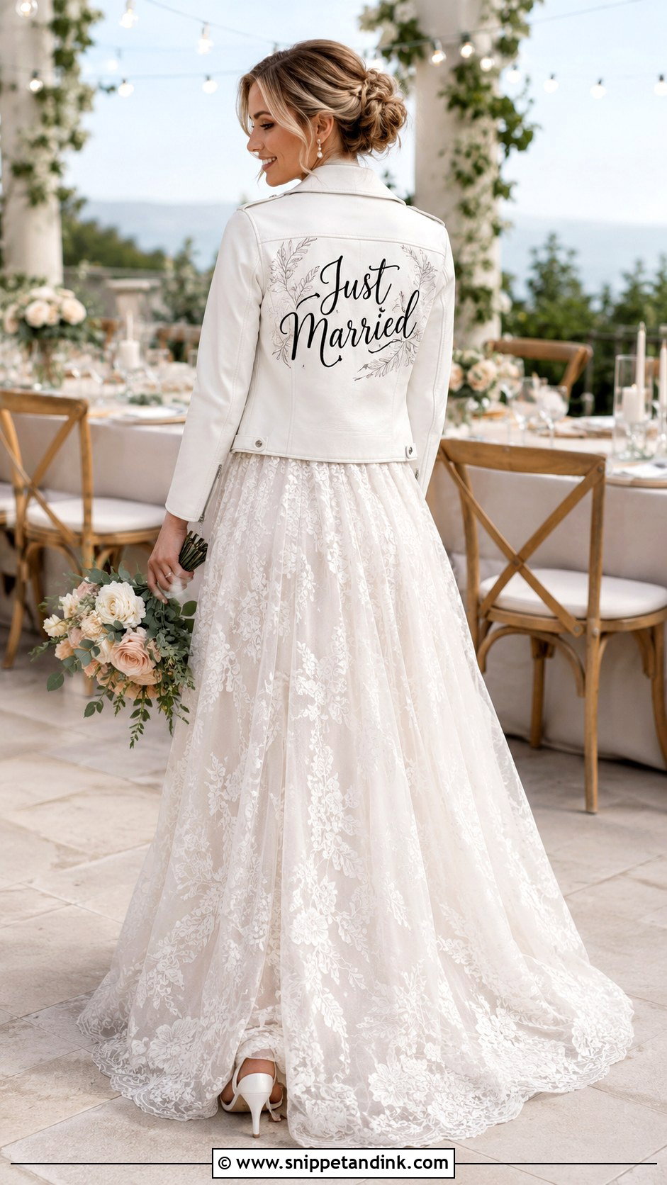 Just Married Leather Jacket With Lace Wedding Dress - Snippet and Ink - 20 Bride Leather Jacket Ideas