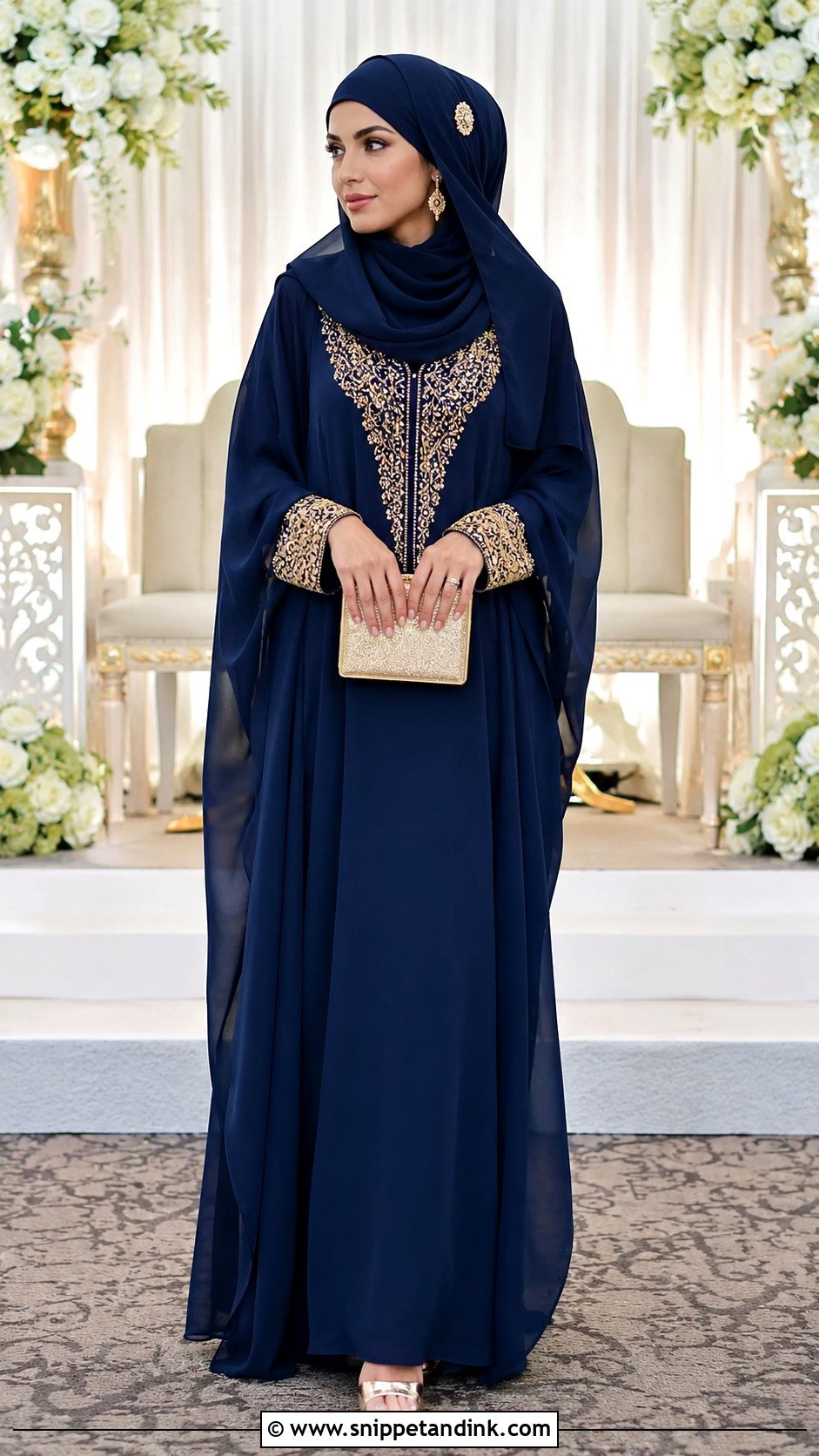 Kaftan And Embellished Hijab Wedding Outfit - Snippet and Ink - 20 Hijab Outfit Wedding Ideas