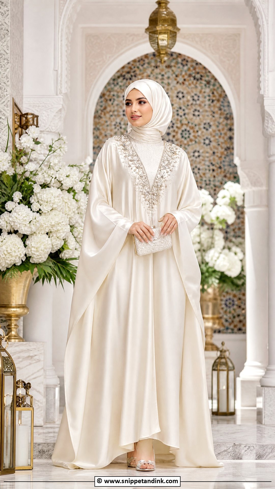 Kaftan Hijab Bride Outfit - Snippet and Ink - 35 Hijab Bride Ideas