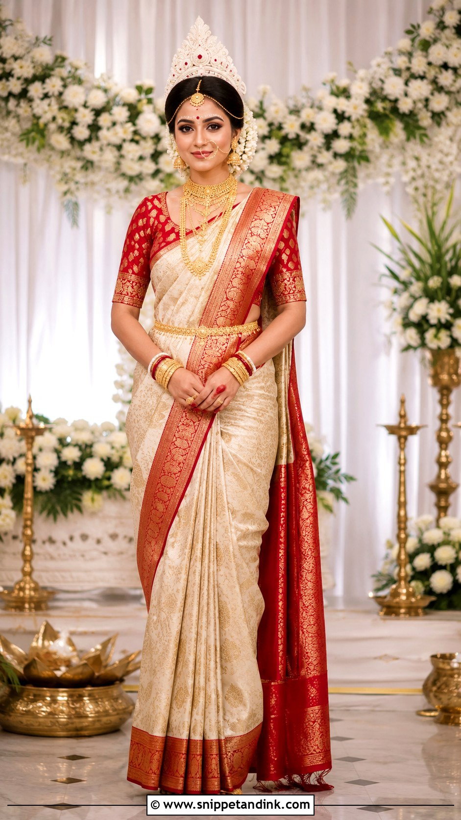 Kanjeevaram Bengali Bridal Fusion Look - Snippet and Ink - 20 Bengali Bride Wedding Look Ideas