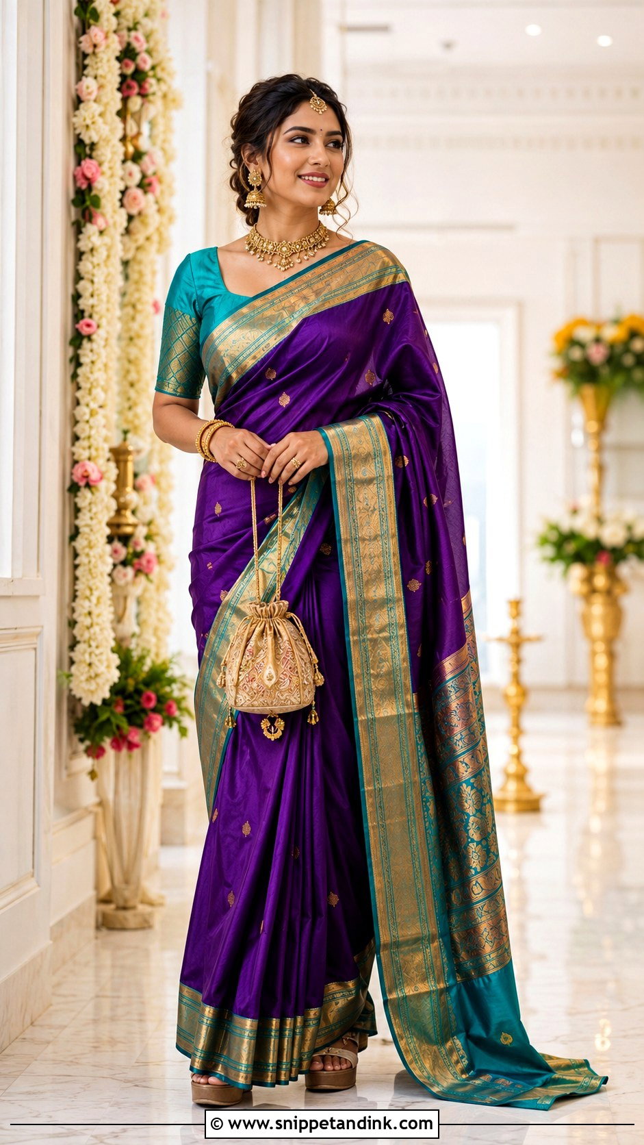 Kanjeevaram Sadi Dress With Contrast Blouse - Snippet and Ink - 20 Sadi Dress Ideas