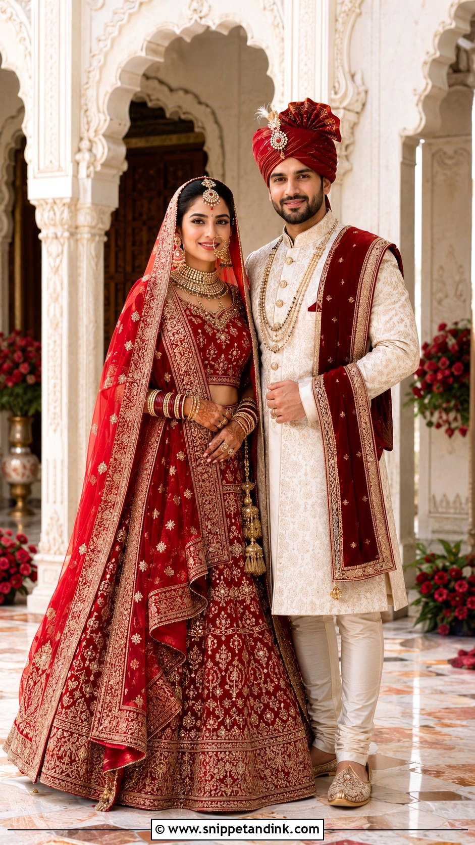 Kanjeevaram Saree And Cream Veshti Couple Outfit - Snippet and Ink - 20 Indian Wedding Couple Outfits