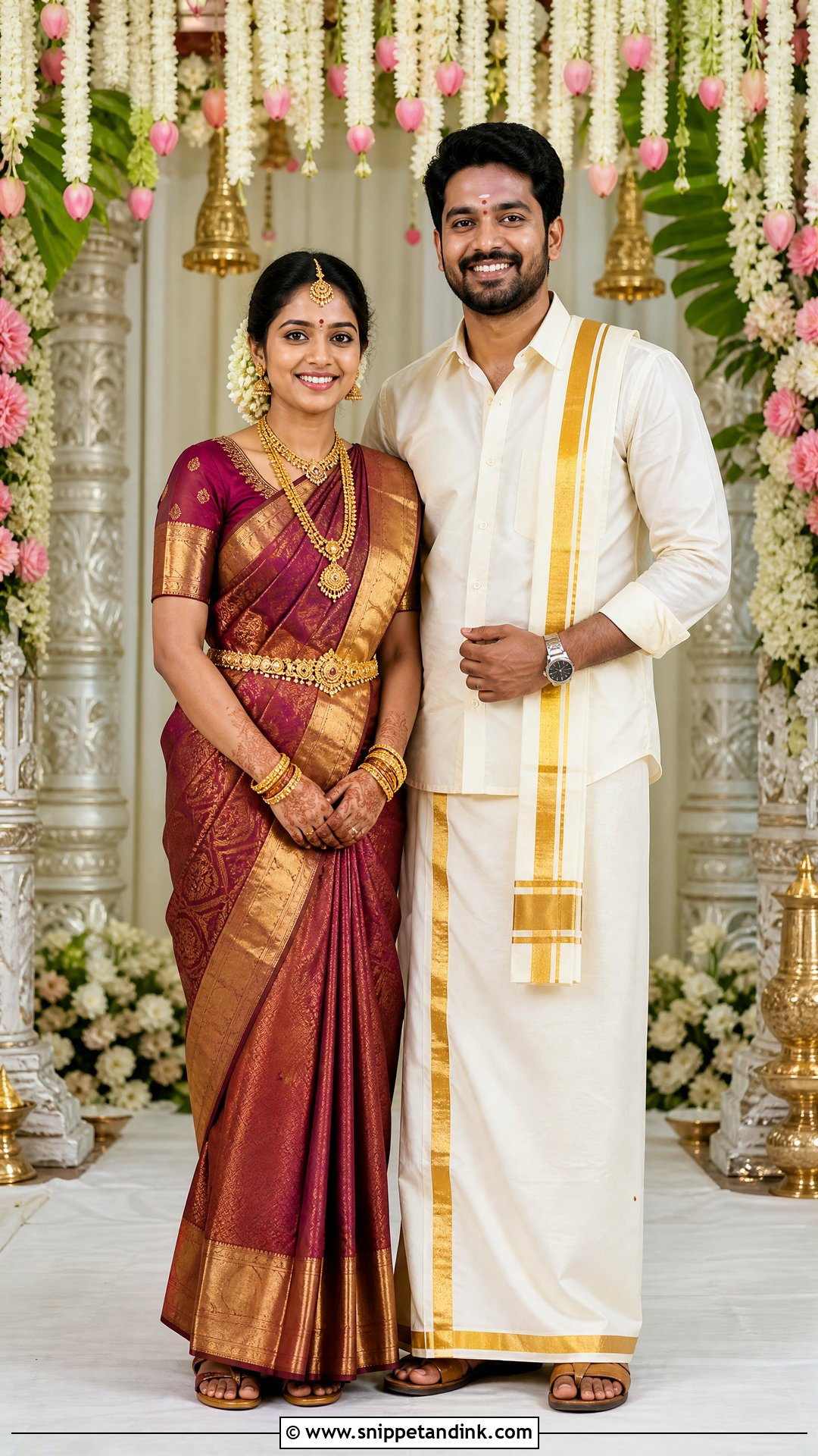Kanjeevaram Saree And Silk Veshti Outfit - Snippet and Ink - 25 Indian Wedding Couple Dress Ideas