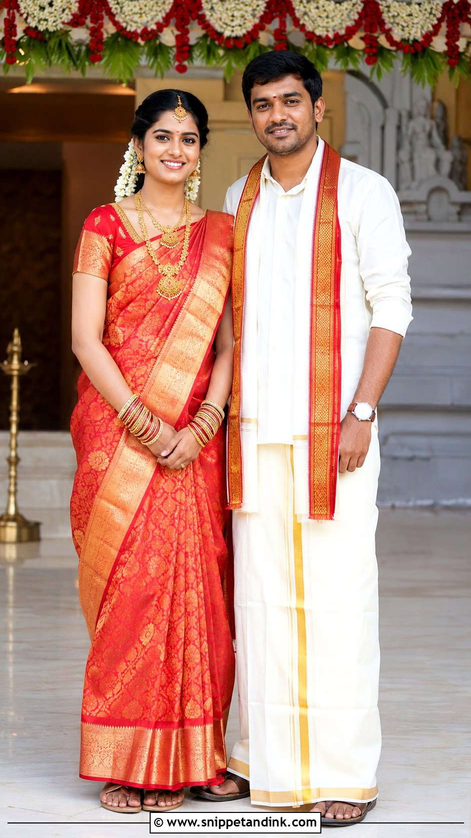 Kanjeevaram Saree And Veshti Couple Outfit - Snippet and Ink - 20 Couple Matching Indian Outfits