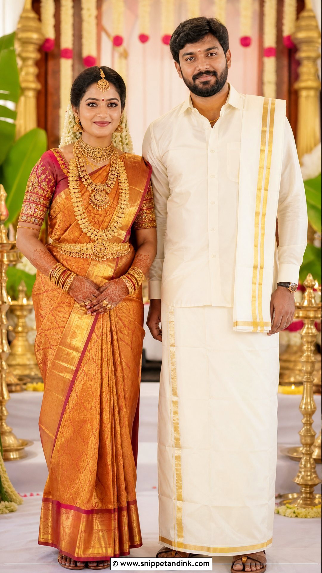 Kanjeevaram Saree With Silk Kurta And Veshti - Snippet and Ink - 25 Indian Hindu Couple Wedding Dress Ideas