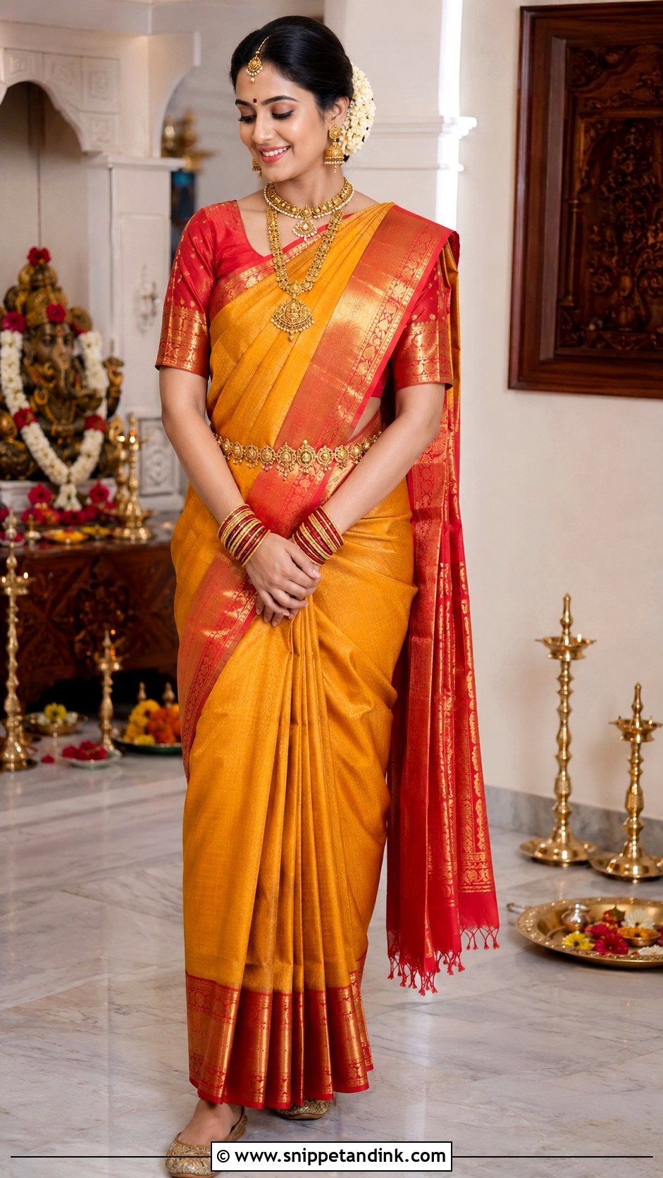 Kanjivaram Saree For Mata Pujan Bride - Snippet and Ink - 25 Mata Pujan Dress for Bride Ideas