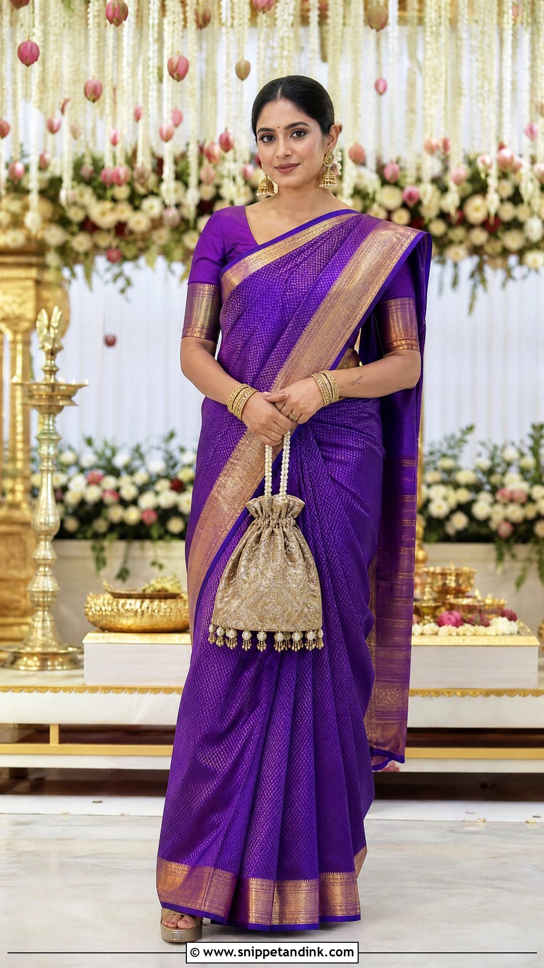Kanjivaram Silk Saree With Elbow Sleeve Blouse - Snippet and Ink - 20 New Sadi Designs 2023