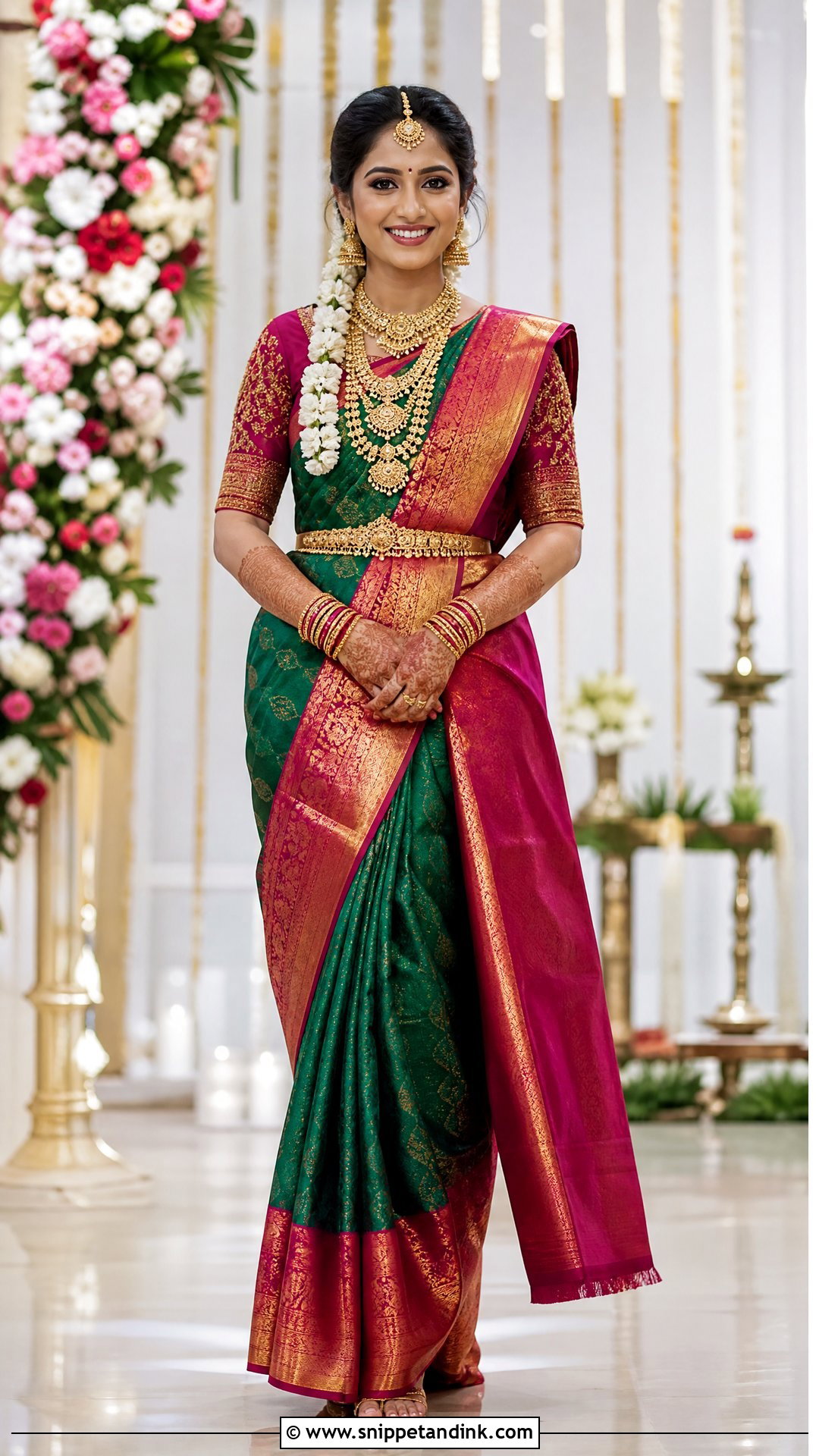 Kanjivaram Silk Saree With Temple Jewelry - Snippet and Ink - 25 Hindu Wedding Dress Ideas