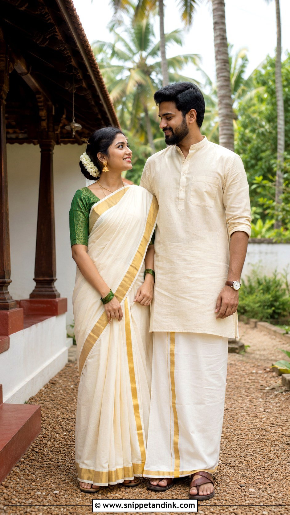 Kasavu Saree And Mundu Kurta Pre Wedding Shoot Outfit - Snippet and Ink - 20 Indian Pre Wedding Shoot Outfit Ideas