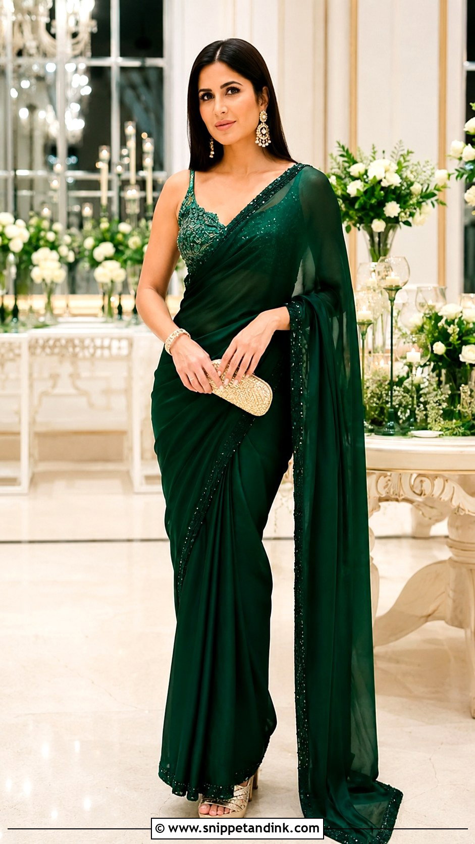 Katrina Green Sangeet Sari Look - Snippet and Ink - 20 Katrina Wedding Look Ideas