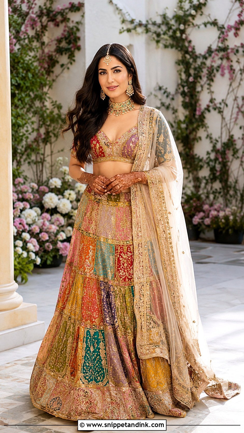 Katrina Kaif Mehendi Lehenga With Navratan Jewelry Look - Snippet and Ink - 20 Katrina Kaif Vicky Kaushal Wedding Looks