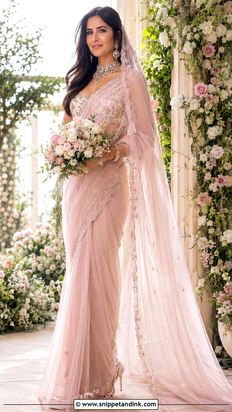 Katrina Kaif Pale Pink Sari With Long Veil Look - Snippet and Ink - 20 Katrina Kaif Vicky Kaushal Wedding Looks