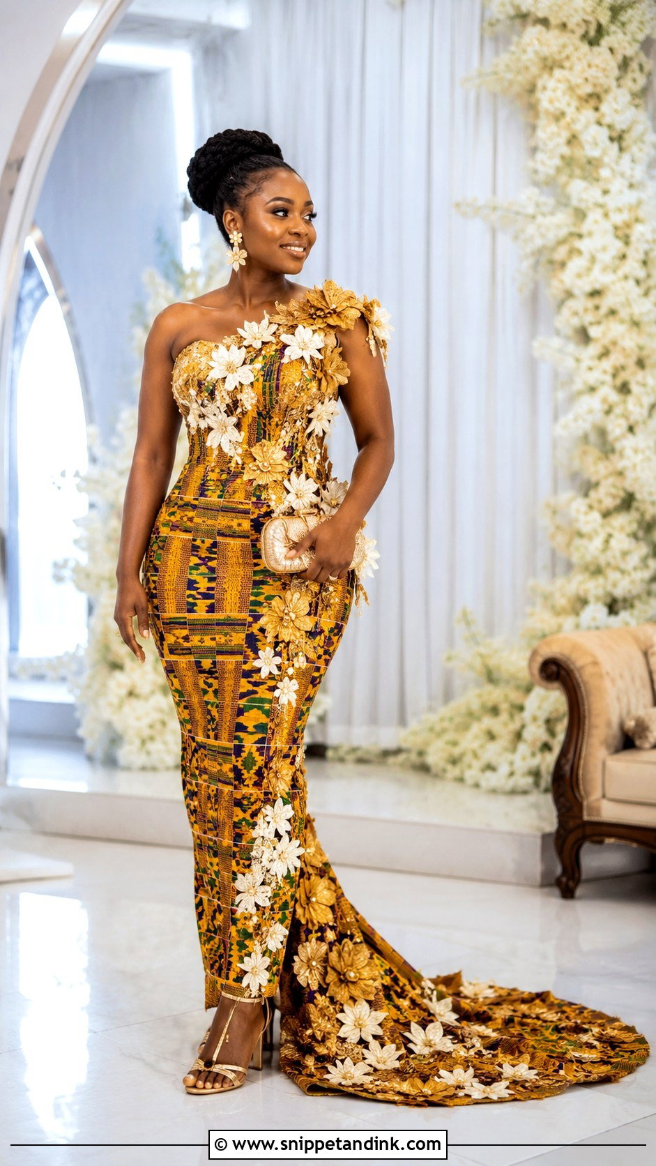 Kente Gown With Floral Appliques - Snippet and Ink - 20 Ghanian Wedding Dress Ideas