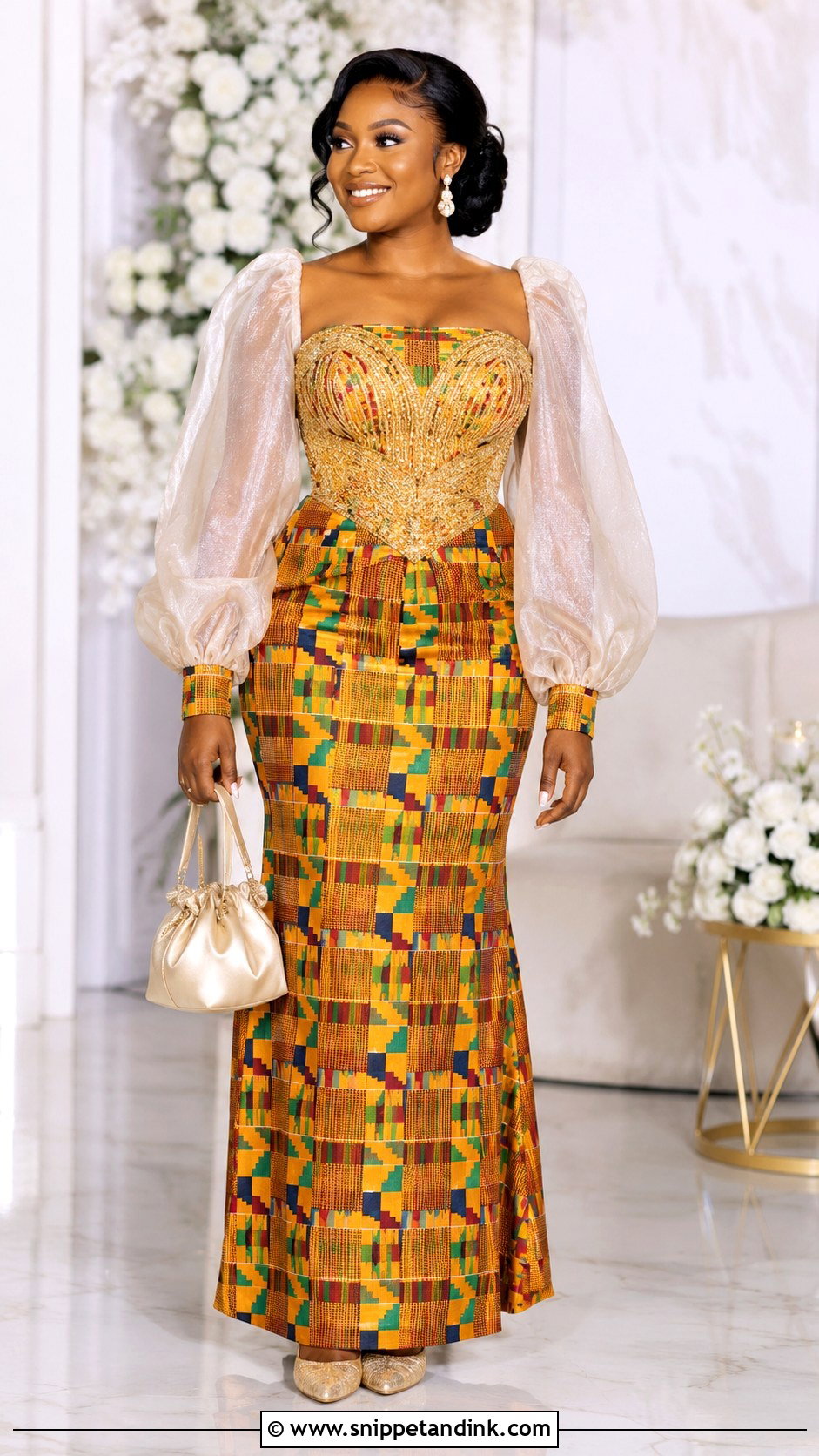 Kente Gown With Organza Sleeves - Snippet and Ink - 20 Ghanian Wedding Dress Ideas