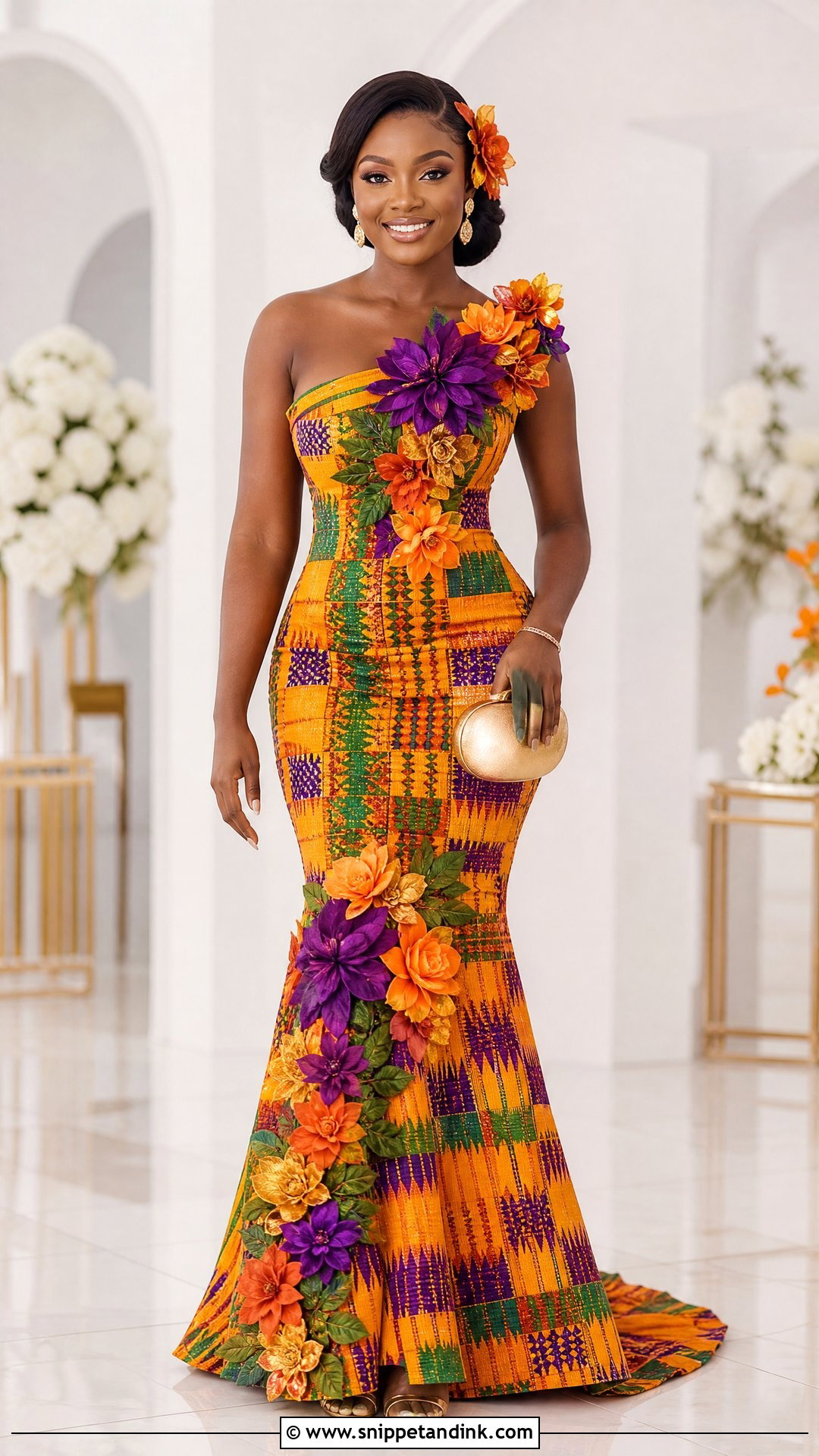 Kente Wedding Dress With 3D Flowers - Snippet and Ink - 20 Traditional Ghana Wedding Dress Ideas