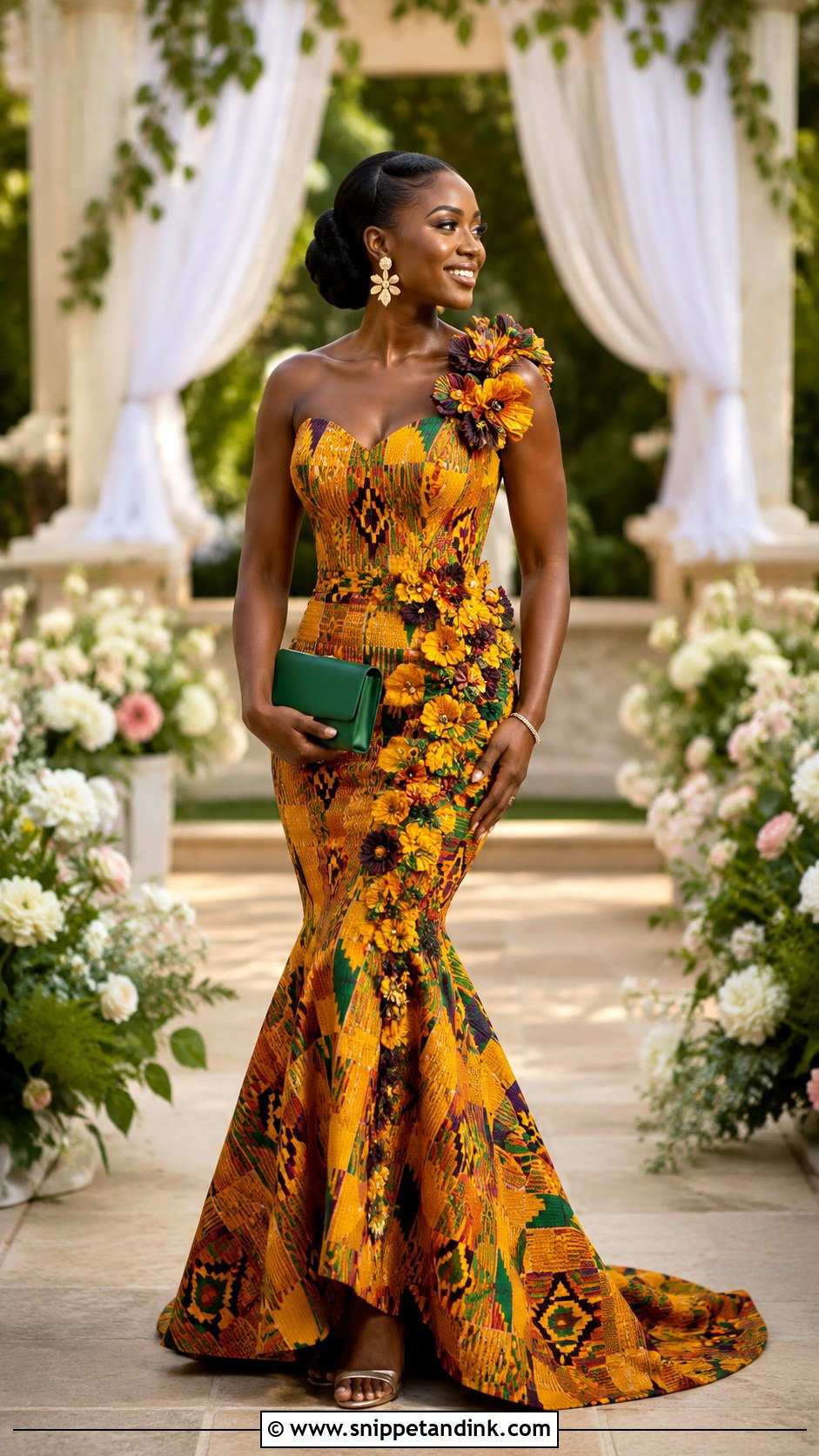 Kente Wedding Dress With 3D Flowers - Snippet and Ink - 20 Ghana Traditional Wedding Dresses