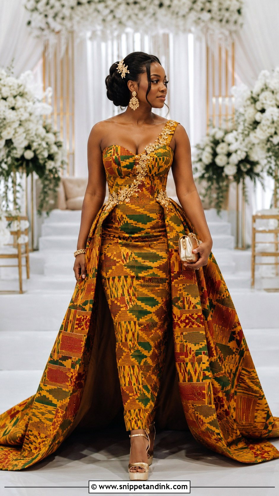 Kente Wedding Dress With Detachable Overskirt - Snippet and Ink - 20 Ghana Traditional Wedding Dresses