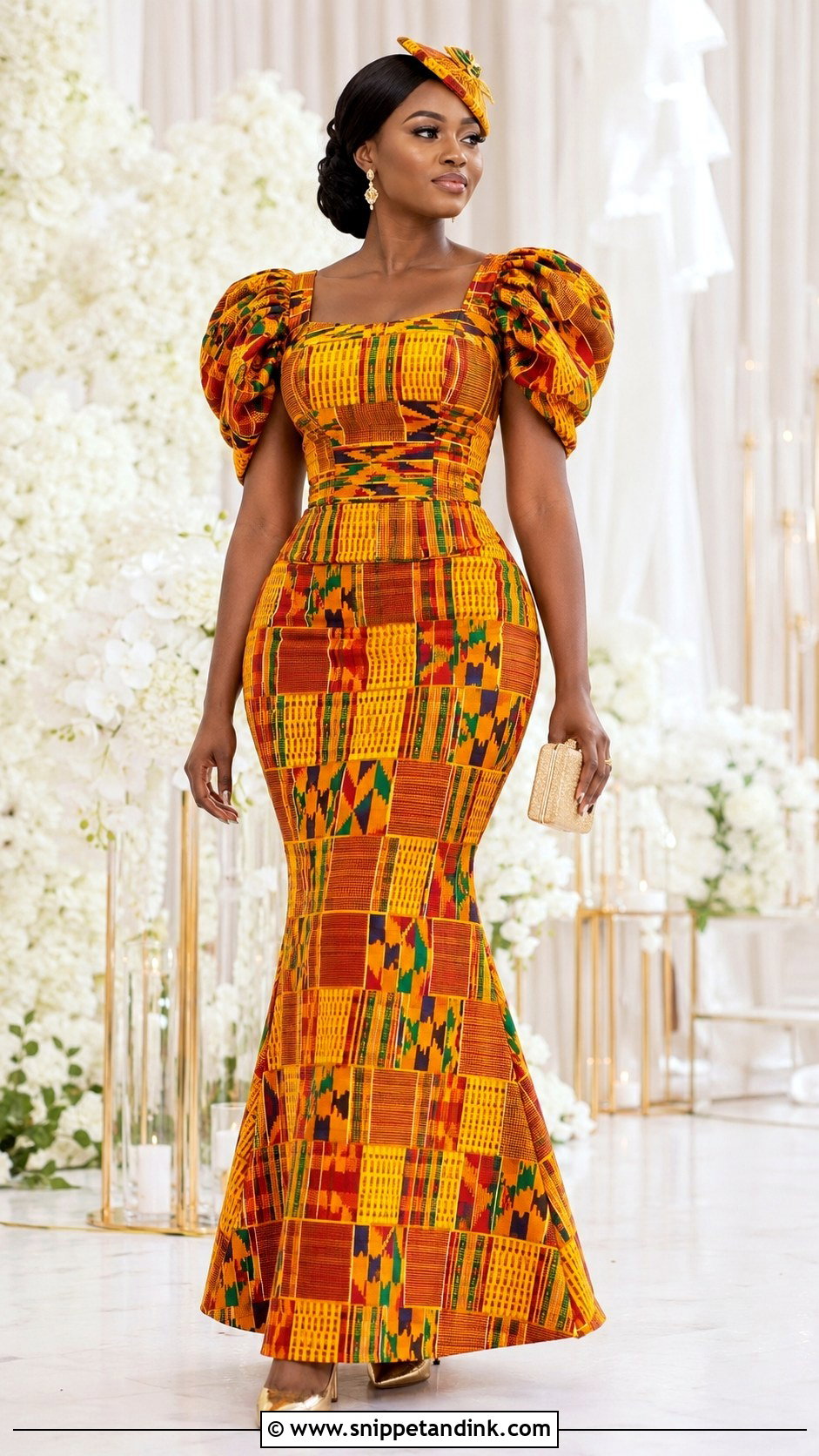Kente Wedding Dress With Puff Sleeves - Snippet and Ink - 20 Ghana Traditional Wedding Dresses