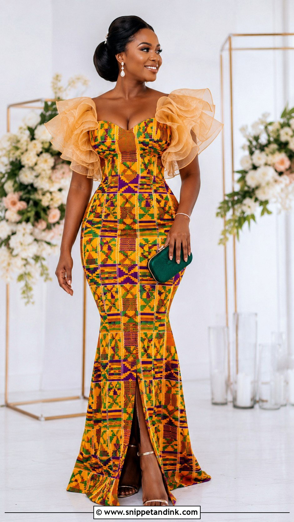 Kente Wedding Dress With Ruffle Sleeves - Snippet and Ink - 20 Ghana Traditional Wedding Dresses