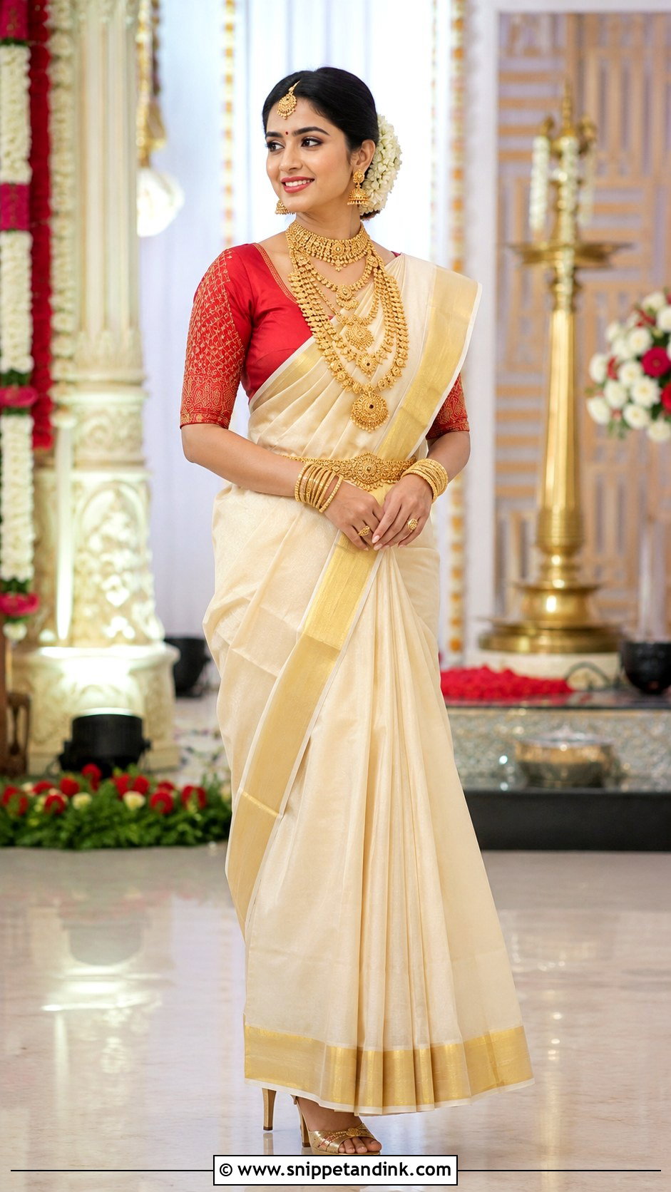 Kerala Bridal Kasavu Saree With Red Blouse - Snippet and Ink - 20 Kerala Wedding Dress Ideas