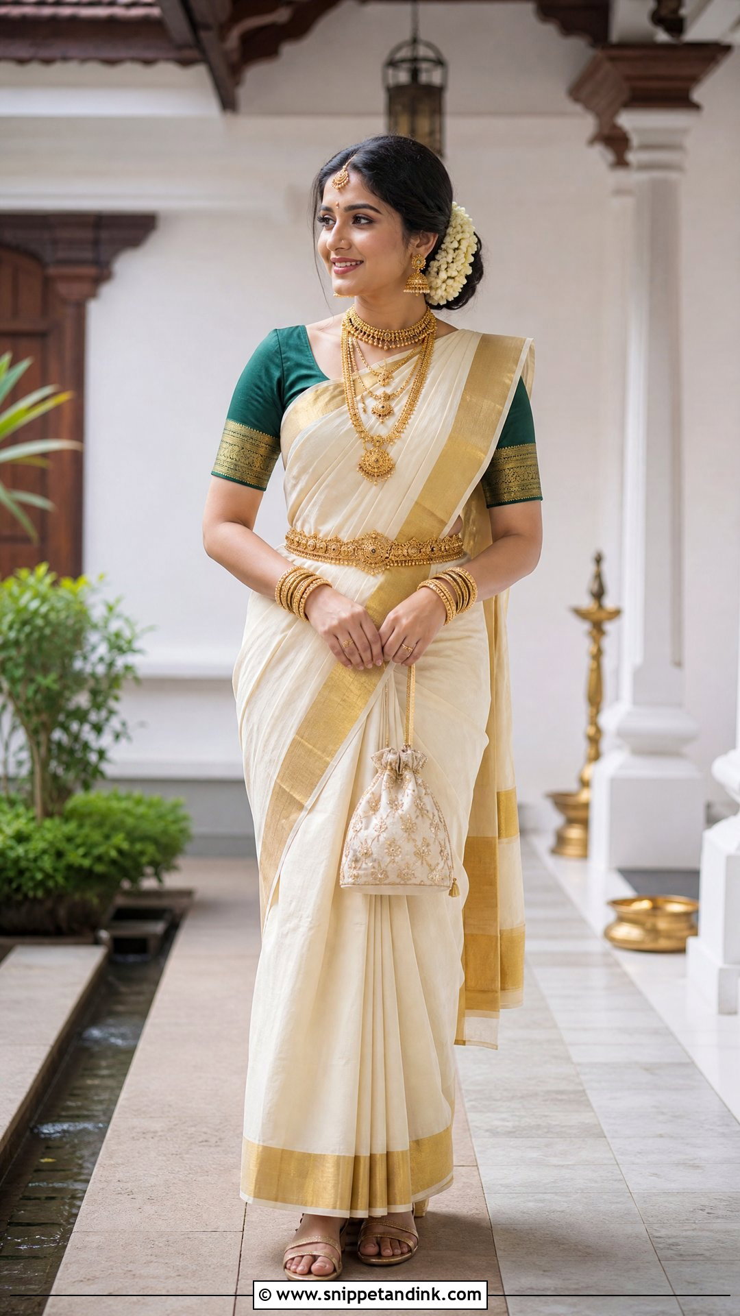 Kerala Kasavu Indian Bridal Saree - Snippet and Ink - 20 Indian Bridal Wedding Dress Ideas