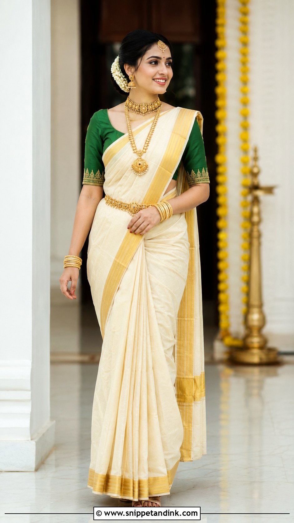Kerala Kasavu Indian Bridal Saree - Snippet and Ink - 20 Indian Wedding Outfits for Bride