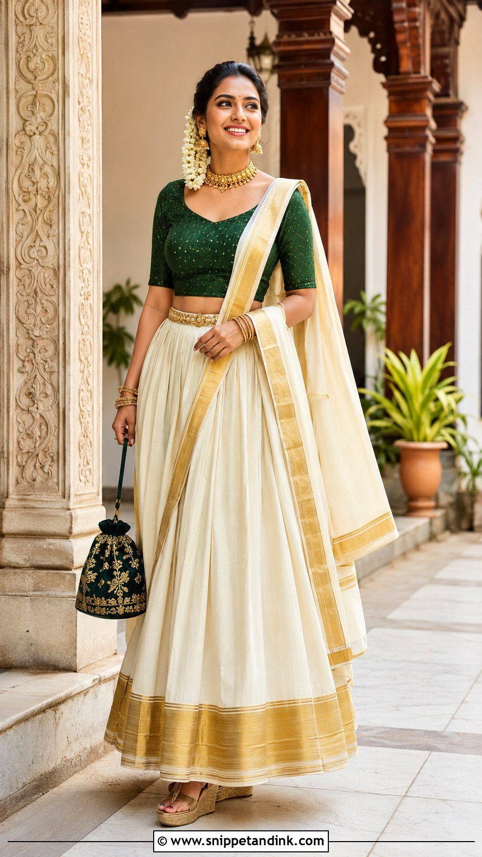 Kerala Kasavu Lehenga Wedding Outfit - Snippet and Ink - 20 Kerala Wedding Dress Ideas