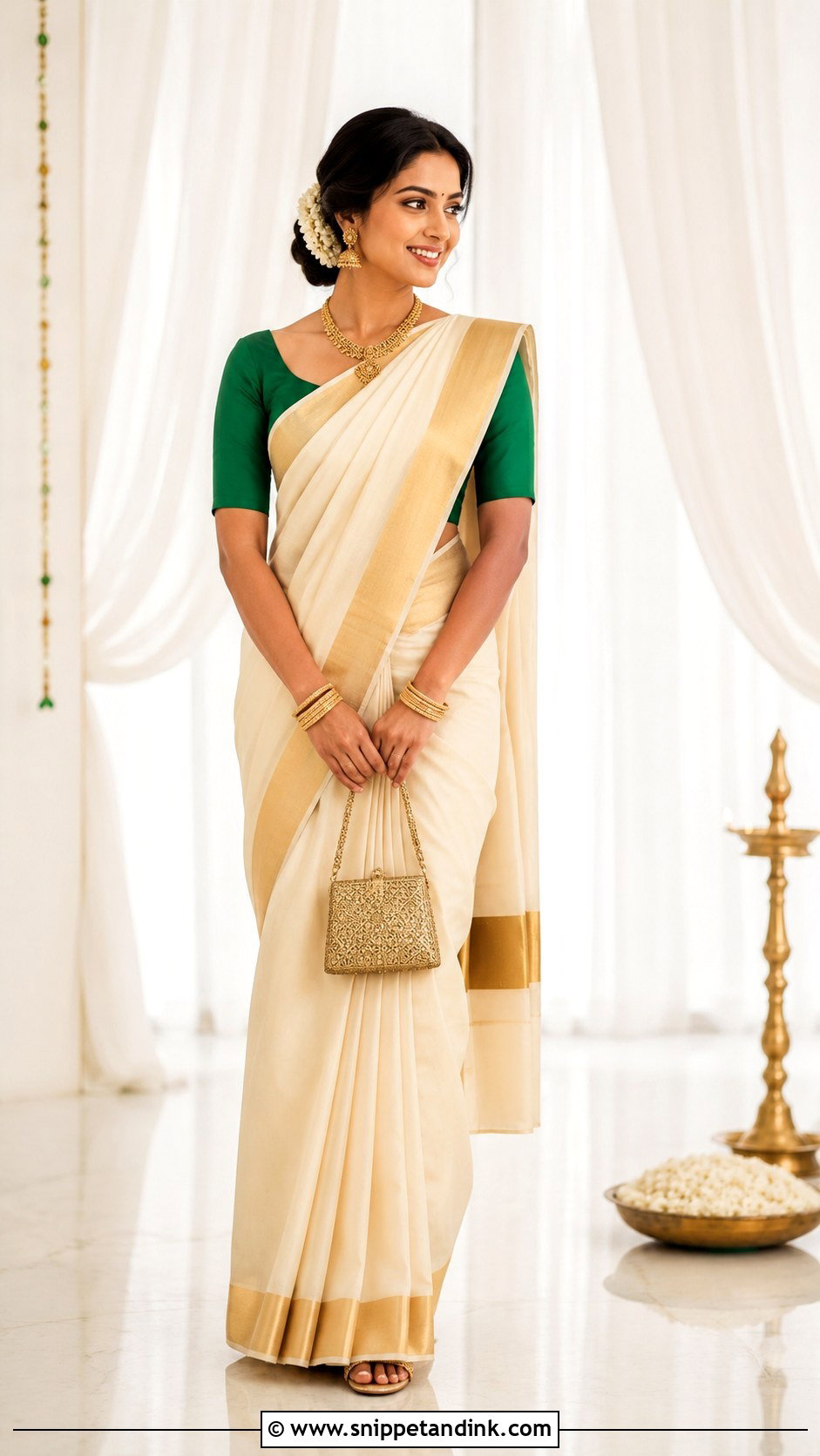 Kerala Kasavu Saree Indian Wedding Dress - Snippet and Ink - 20 Indian Wedding Dresses Women