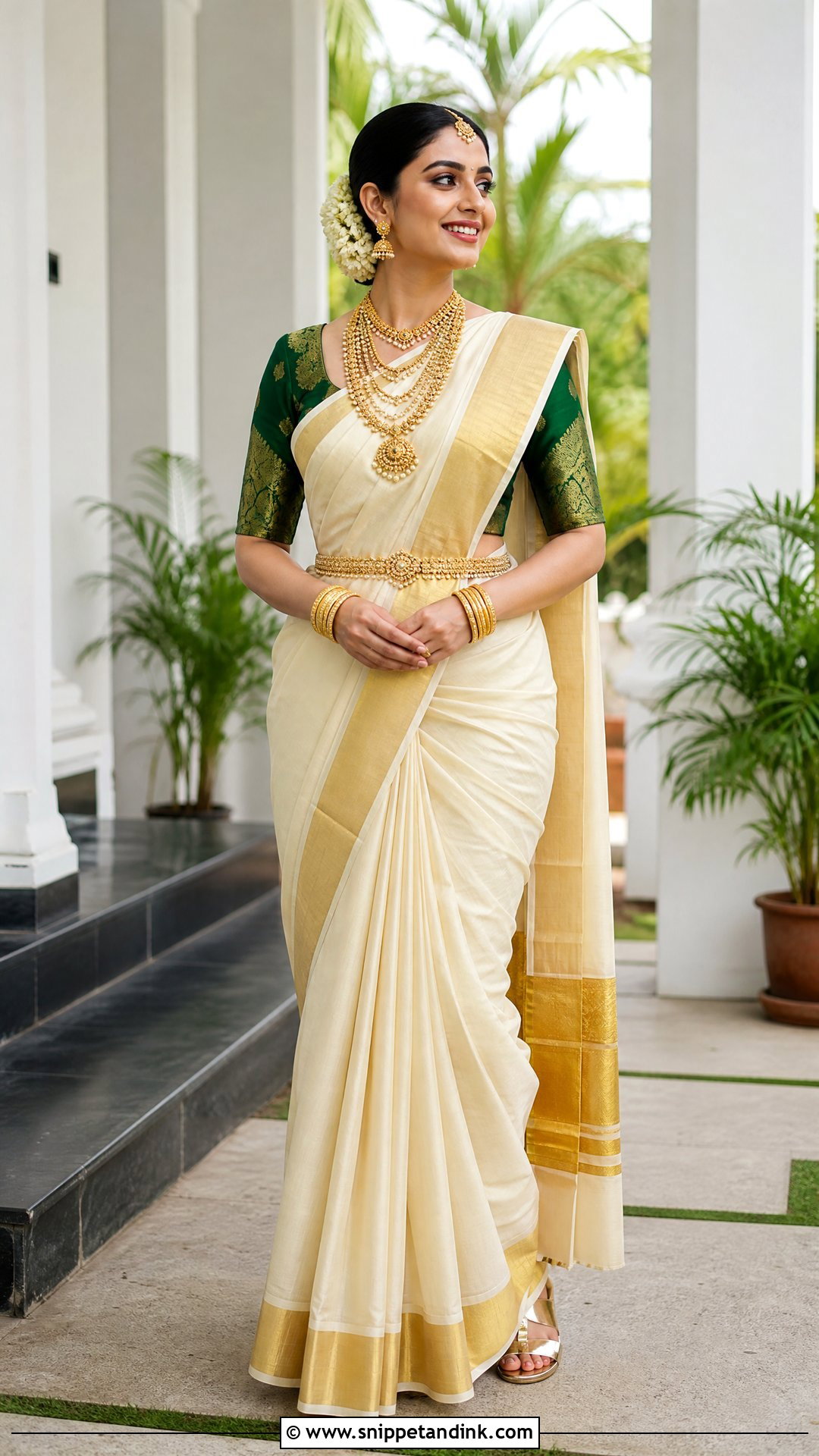 Kerala Kasavu Saree With Gold Blouse - Snippet and Ink - 20 Traditional Indian Wedding Outfits