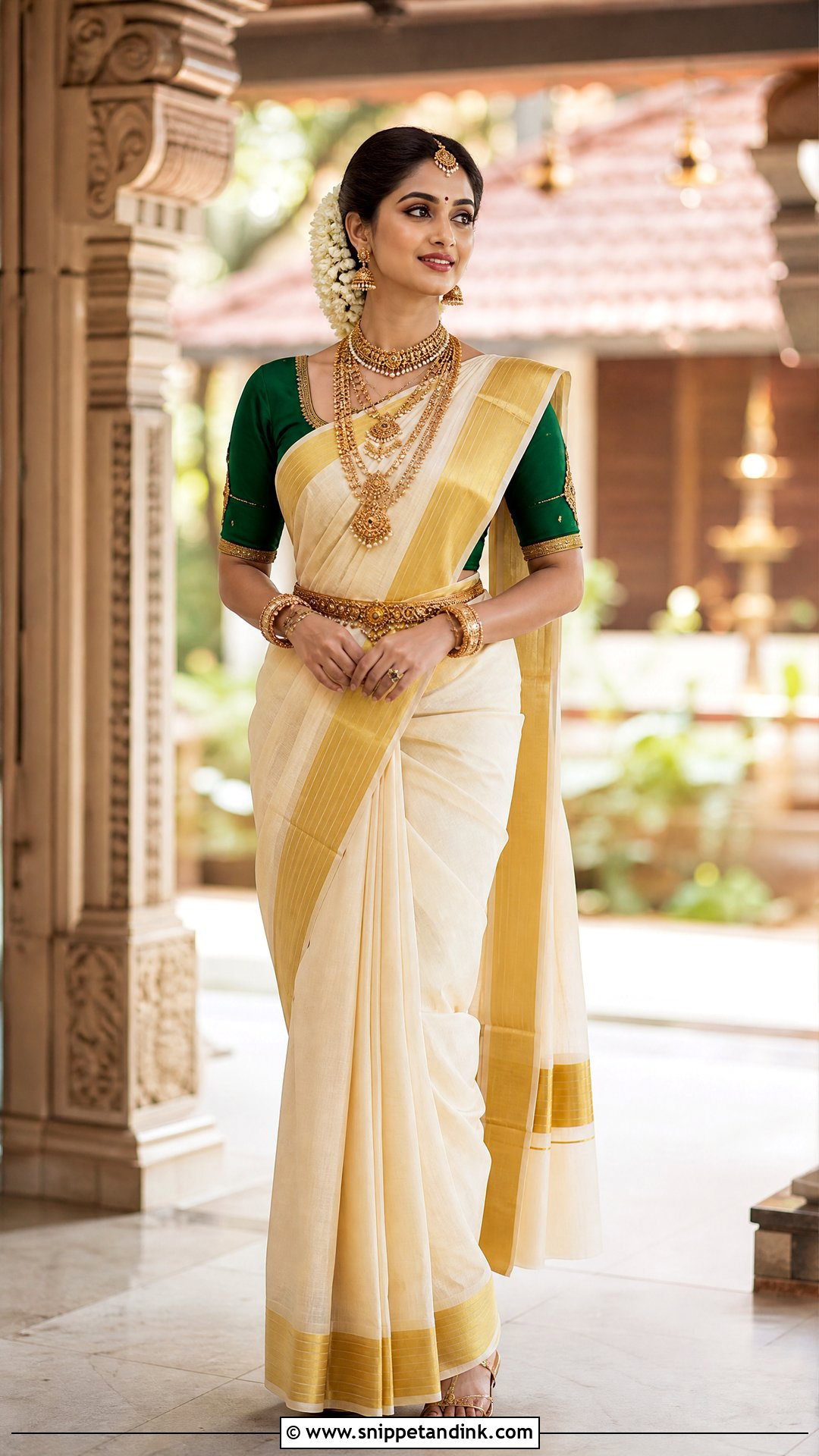 Kerala Kasavu Saree With Gold Jewelry - Snippet and Ink - 25 Hindu Wedding Dress Ideas
