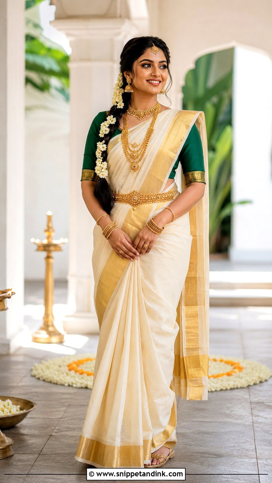 Kerala Kasavu Saree With Gold Jewelry - Snippet and Ink - 20 South Asian Wedding Dress Ideas