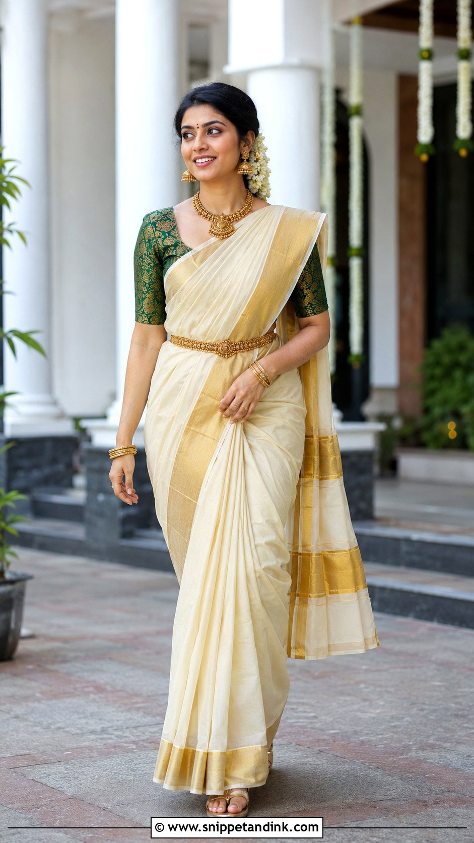 Kerala Kasavu Saree With Green Blouse - Snippet and Ink - 20 Kerala Wedding Dress Ideas