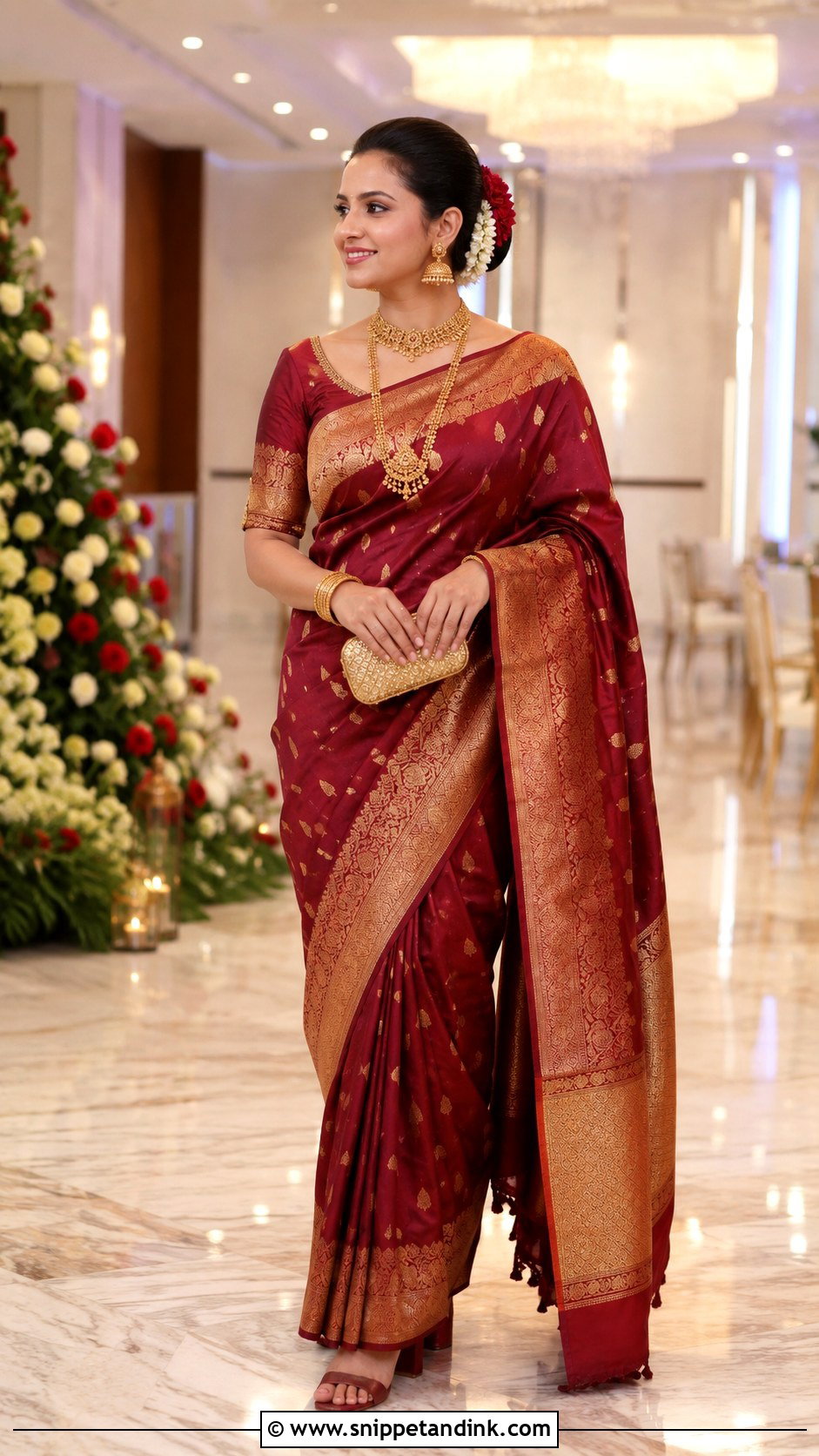 Kerala Maroon Banarasi Saree Wedding Outfit - Snippet and Ink - 20 Kerala Wedding Dress Ideas