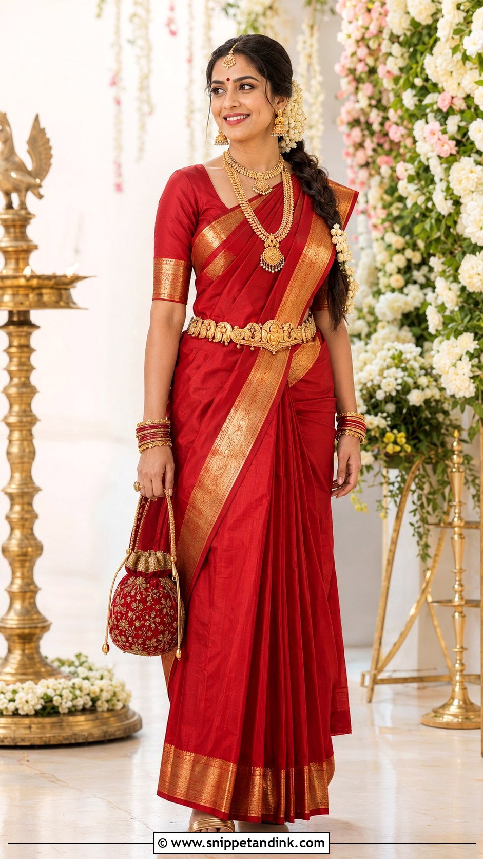 Kerala Red Kanchipuram Saree Bridal Outfit - Snippet and Ink - 20 Kerala Wedding Dress Ideas