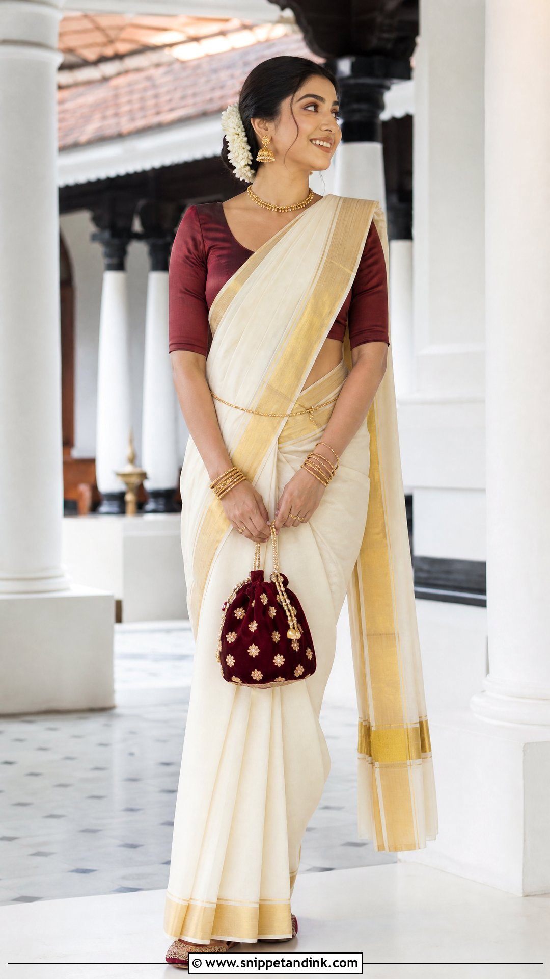 Kerala Set Mundu With Maroon Blouse - Snippet and Ink - 20 Kerala Wedding Dress Ideas