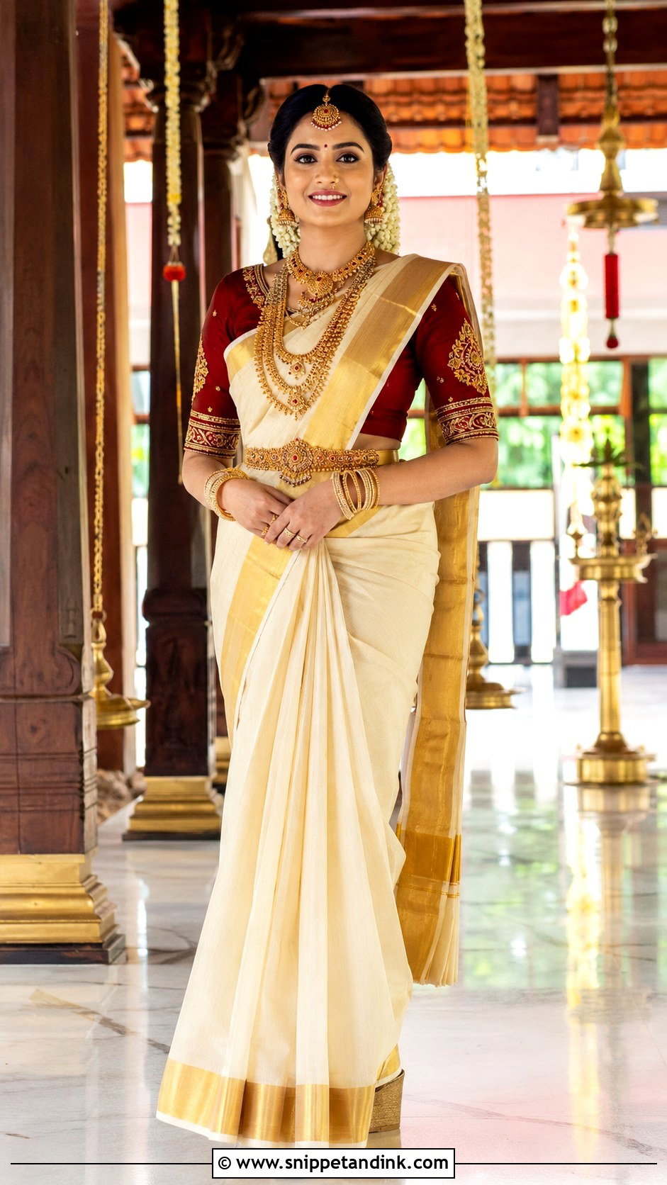Kerala Silk Kasavu Saree With Temple Jewelry - Snippet and Ink - 20 Kerala Wedding Dress Ideas