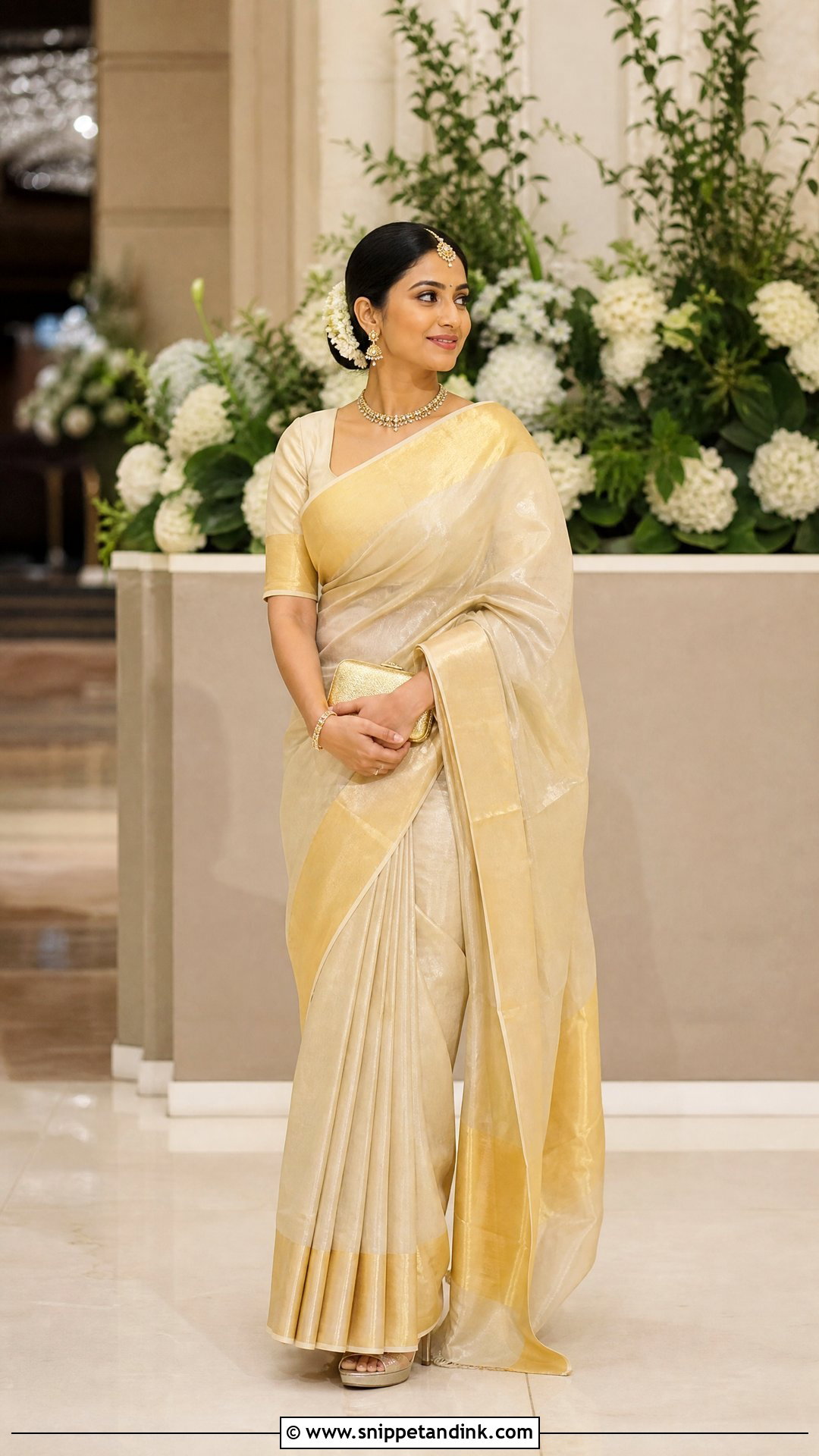 Kerala Tissue Kasavu Saree Bridal Outfit - Snippet and Ink - 20 Kerala Wedding Dress Ideas