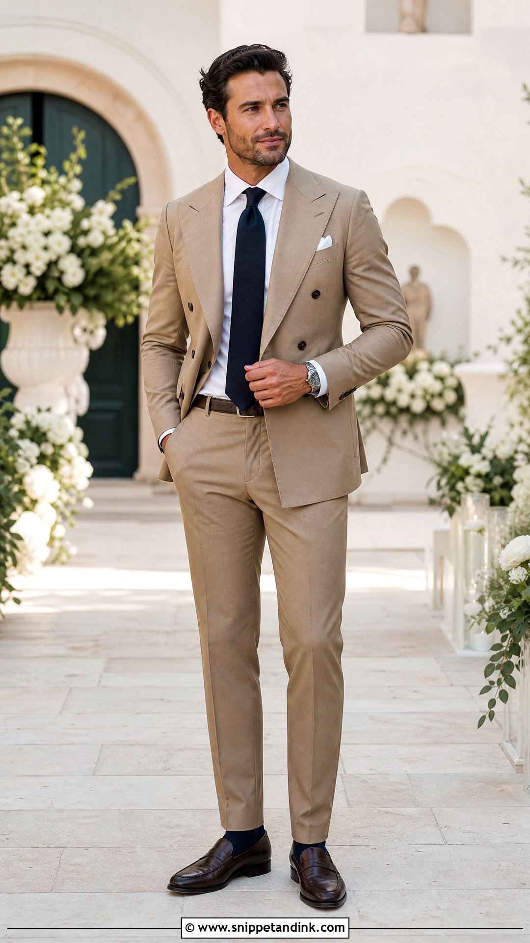 Khaki Double Breasted Suit With Dark Brown Loafers - Snippet and Ink - 20 Khaki Suit Wedding Ideas