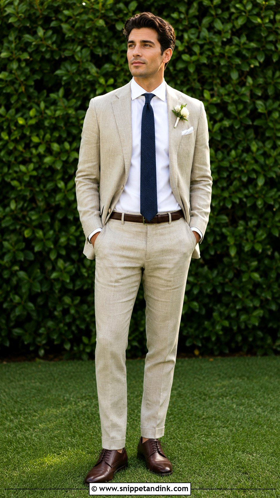 Khaki Linen Wedding Suit With White Oxford Shirt - Snippet and Ink - 25 Linen Wedding Suit Ideas