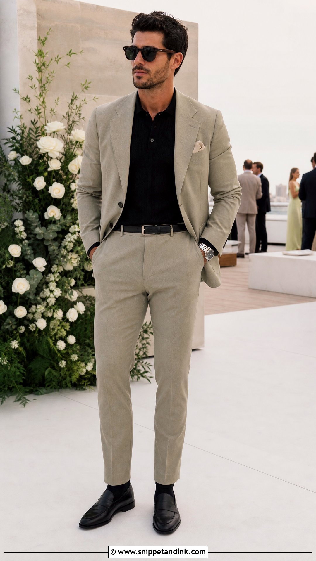 Khaki Suit With Black Knit Polo And Loafers - Snippet and Ink - 20 Khaki Suit Wedding Ideas