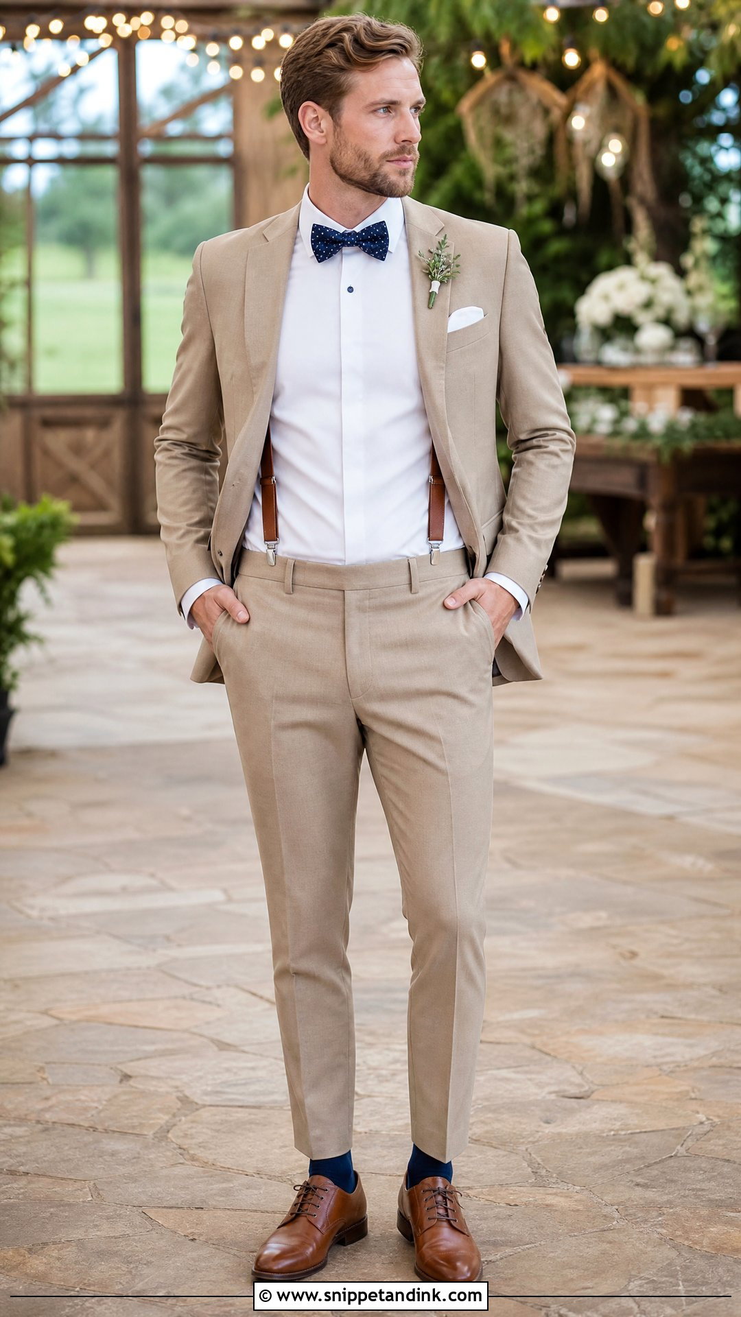 Khaki Suit With Bow Tie And Suspenders - Snippet and Ink - 20 Khaki Suit Wedding Ideas