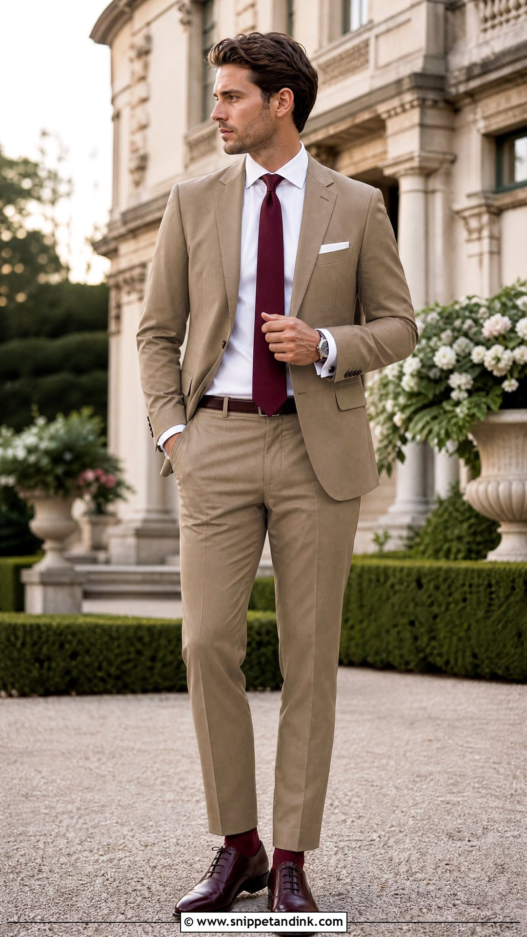Khaki Suit With Burgundy Tie And Oxfords - Snippet and Ink - 20 Khaki Suit Wedding Ideas