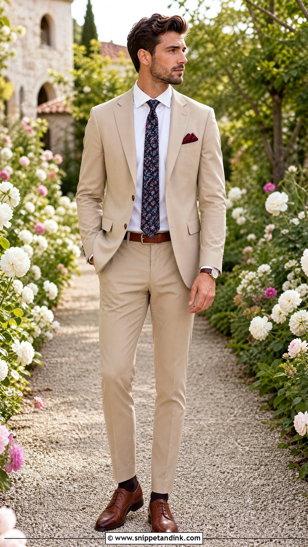 Khaki Suit With Floral Tie And Brown Brogues - Snippet and Ink - 20 Khaki Suit Wedding Ideas